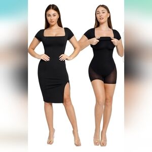 Black Square-Neck Midi Dress with Thigh Slit